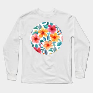 Colorful Watercolor Hibiscus on Clean White Long Sleeve T-Shirt